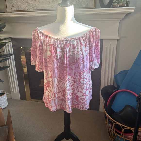 GAP Pink and White Flutter Sleeve off the shoulder  Blouse size Large - Picture 6 of 6